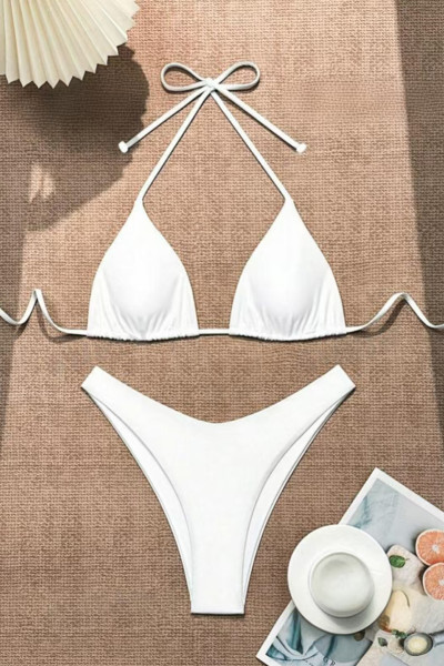 Women Ribbed Halter Tie Bikini Custom Logo Solid Two Piece Beach Swimsuit