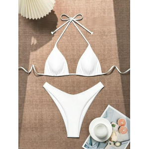Women Ribbed Halter Tie Bikini Custom Logo Solid Two Piece Beach Swimsuit