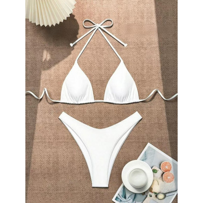 Women Ribbed Halter Tie Bikini Custom Logo Solid Two Piece Beach Swimsuit