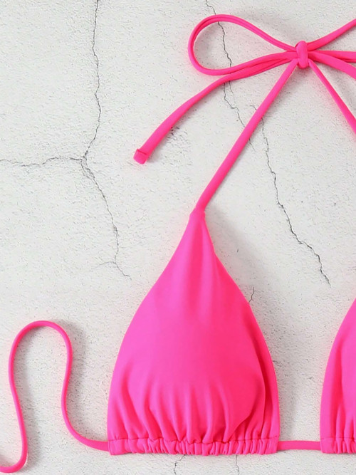 Women Ribbed Halter Tie Bikini Custom Logo Solid Two Piece Beach Swimsuit