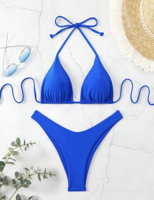 Women Ribbed Halter Tie Bikini Custom Logo Solid Two Piece Beach Swimsuit