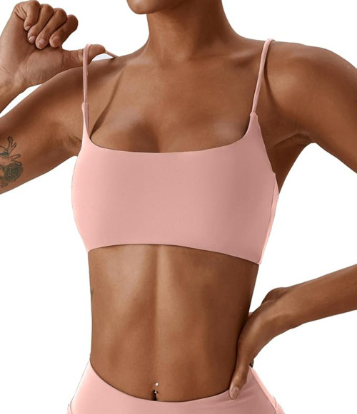 Women Square Neck Cross Back Sports Bra Soft Thin Strap Yoga Fitness Workout Top