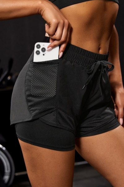 Women 2-in-1 Yoga Running Shorts Mesh Side With Phone Pocket Drawstring Workout Sport Shorts