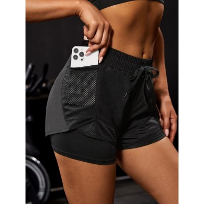 Women 2-in-1 Yoga Running Shorts Mesh Side With Phone Pocket Drawstring Workout Sport Shorts