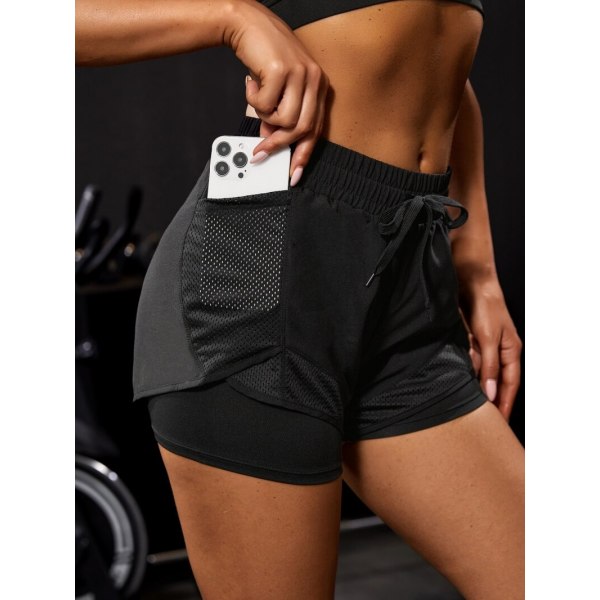 Women 2-in-1 Yoga Running Shorts Mesh Side With Phone Pocket Drawstring Workout Sport Shorts