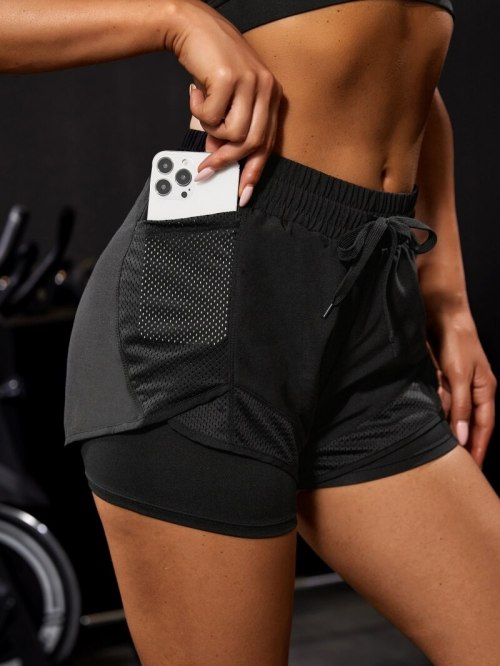 Women 2-in-1 Yoga Running Shorts Mesh Side With Phone Pocket Drawstring Workout Sport Shorts