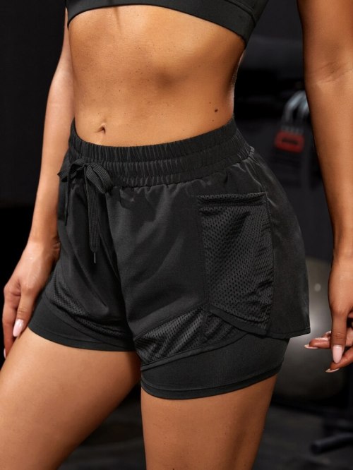 Women 2-in-1 Yoga Running Shorts Mesh Side With Phone Pocket Drawstring Workout Sport Shorts