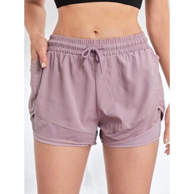 Women 2-in-1 Yoga Running Shorts Mesh Side With Phone Pocket Drawstring Workout Sport Shorts