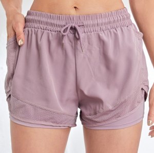 Women 2-in-1 Yoga Running Shorts Mesh Side With Phone Pocket Drawstring Workout Sport Shorts
