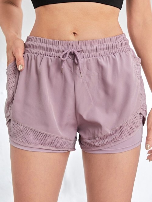 Women 2-in-1 Yoga Running Shorts Mesh Side With Phone Pocket Drawstring Workout Sport Shorts