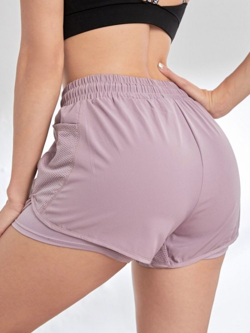 Women 2-in-1 Yoga Running Shorts Mesh Side With Phone Pocket Drawstring Workout Sport Shorts