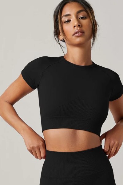 Women Seamless Short Sleeve Crop Top Round Neck Yoga Fitness Gym Running Sport T-shirt