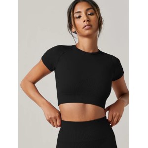 Women Seamless Short Sleeve Crop Top Round Neck Yoga Fitness Gym Running Sport T-shirt