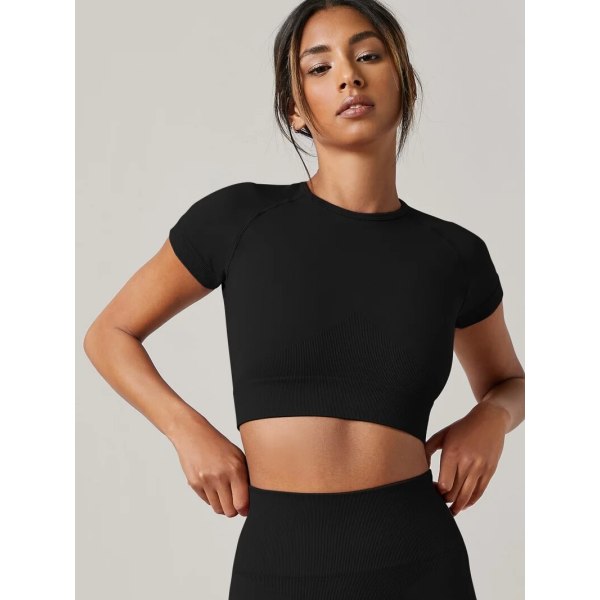 Women Seamless Short Sleeve Crop Top Round Neck Yoga Fitness Gym Running Sport T-shirt