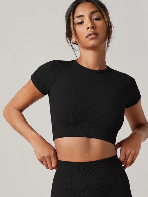 Women Seamless Short Sleeve Crop Top Round Neck Yoga Fitness Gym Running Sport T-shirt