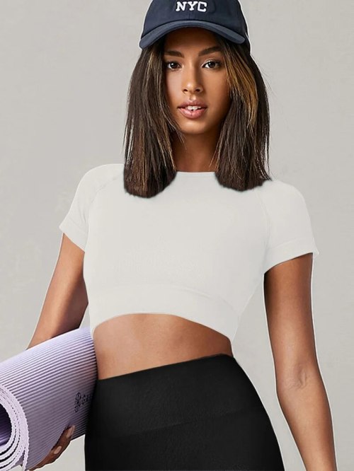 Women Seamless Short Sleeve Crop Top Round Neck Yoga Fitness Gym Running Sport T-shirt