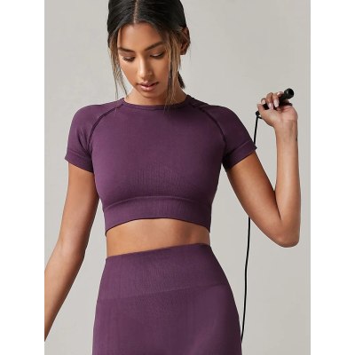Women Seamless Short Sleeve Crop Top Round Neck Yoga Fitness Gym Running Sport T-shirt