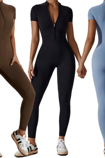 Women Half Zip Short Sleeve Yoga Jumpsuit Quick Dry Tight Fitness One Piece Sport Bodysuit
