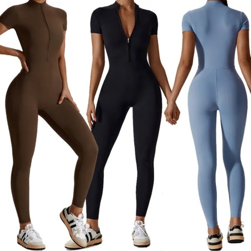 Women Half Zip Short Sleeve Yoga Jumpsuit Quick Dry Tight Fitness One Piece Sport Bodysuit
