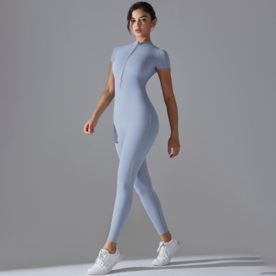 Women Half Zip Short Sleeve Yoga Jumpsuit Quick Dry Tight Fitness One Piece Sport Bodysuit