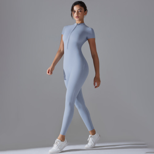 Women Half Zip Short Sleeve Yoga Jumpsuit Quick Dry Tight Fitness One Piece Sport Bodysuit