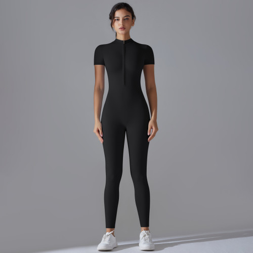 Women Half Zip Short Sleeve Yoga Jumpsuit Quick Dry Tight Fitness One Piece Sport Bodysuit