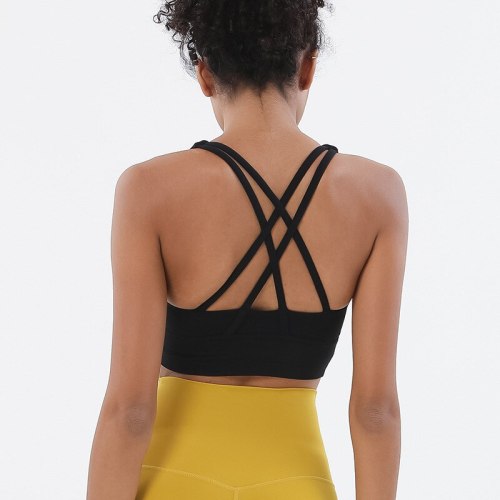 Women Strappy Criss Cross Back Sports Bra Breathable Padded Yoga Gym Fitness Top