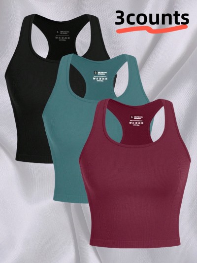 3 Counts Women Racerback Sleeveless Sports Crop Top, Spandex Running Fitness Gym Workout Vest Tank Tops