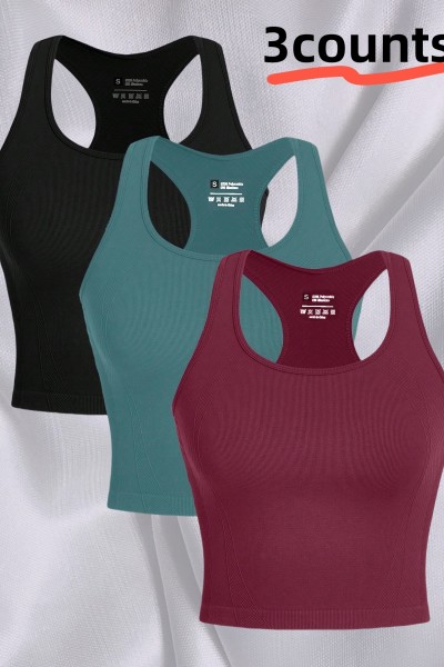 3 Counts Women Racerback Sleeveless Sports Crop Top, Running Fitness Gym Workout Vest Tank Tops