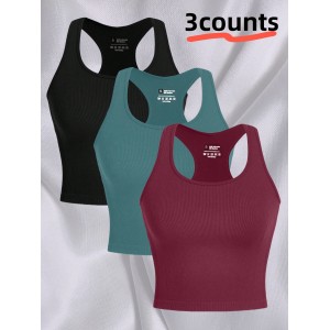 3 Counts Women Racerback Sleeveless Sports Crop Top, Spandex Running Fitness Gym Workout Vest Tank Tops
