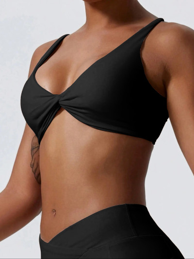 Women Twist Front Pleated Sports Bra, Shockproof Push Up Gym Crop Top, Quick Dry Yoga Workout Brassiere