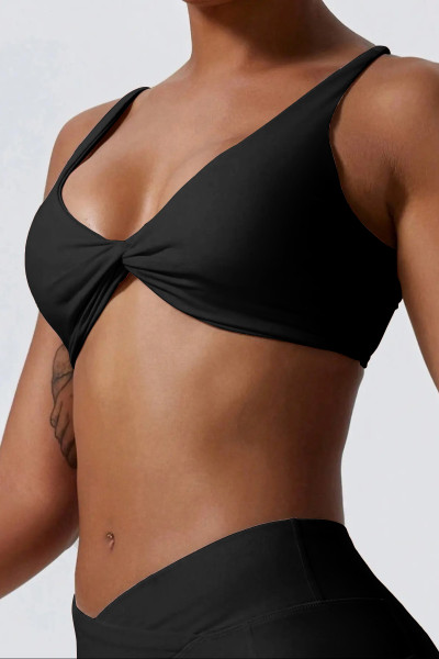 Women Twist Front Pleated Sports Bra, Shockproof Push Up Gym Crop Top, Yoga Workout Brassiere