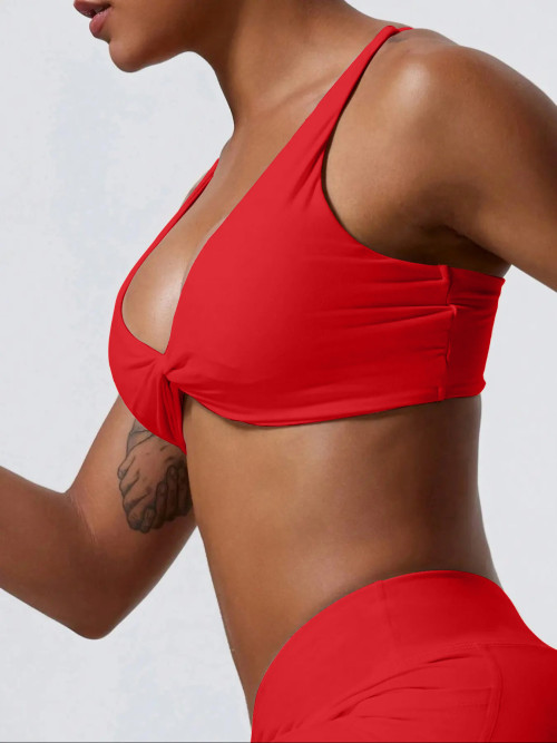 Women Twist Front Pleated Sports Bra, Shockproof Push Up Gym Crop Top, Quick Dry Yoga Workout Brassiere