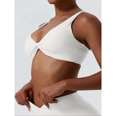 Women Twist Front Pleated Sports Bra, Shockproof Push Up Gym Crop Top,  Yoga Workout Brassiere