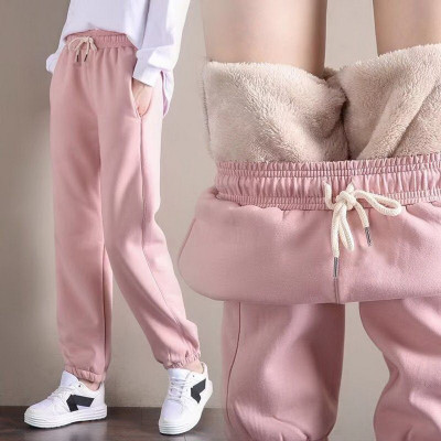 Women Winter Fleece Lined Jogger Pants, High Waist Adjustable Drawstring Plush Warm Casual Lounge Street Trousers