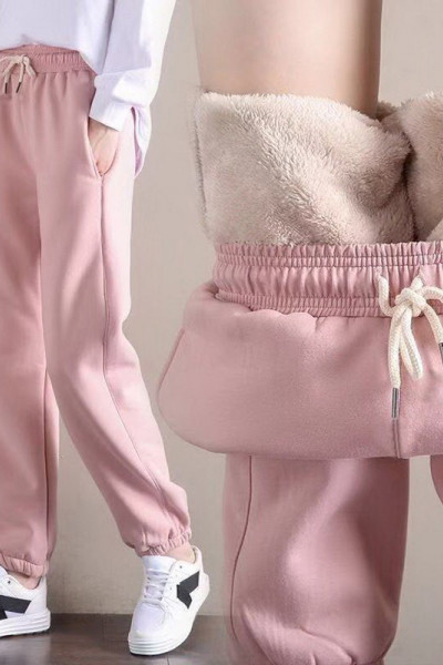 Women Winter Fleece Lined Jogger Pants, Adjustable Drawstring Casual Lounge Street Trousers