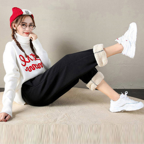 Women Winter Fleece Lined Jogger Pants, High Waist Adjustable Drawstring Plush Warm Casual Lounge Street Trousers