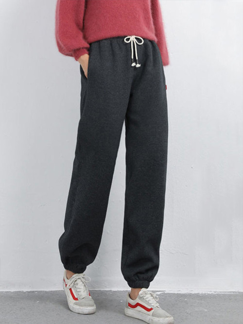 Women Winter Fleece Lined Jogger Pants, High Waist Adjustable Drawstring Plush Warm Casual Lounge Street Trousers