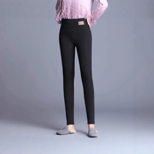 Women Winter Fleece‑Lined Thermal Leggings, High‑Stretch Warm Tights with Fashion Leather Label