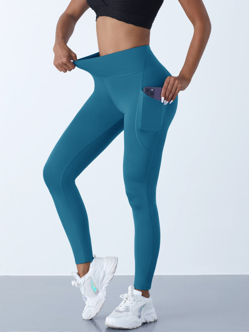 New High Waist Women's Leggings, Stretch Yoga Pants Tights With Pockets, Push Up Fitness Running Sportswear