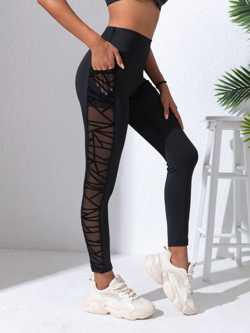 Women's Geometric Side Mesh Patchwork Leggings, High Waist Soft Yoga Pants, Pocket Design Gym Fitness Running Sport Long Pants
