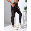 Women's Geometric Side Mesh Patchwork Leggings, High Waist Soft Yoga Pants, Pocket Design Gym Fitness Running Sport Long Pants