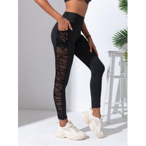 Women's Geometric Side Mesh Patchwork Leggings, High Waist Soft Yoga Pants, Pocket Design Gym Fitness Running Sport Long Pants