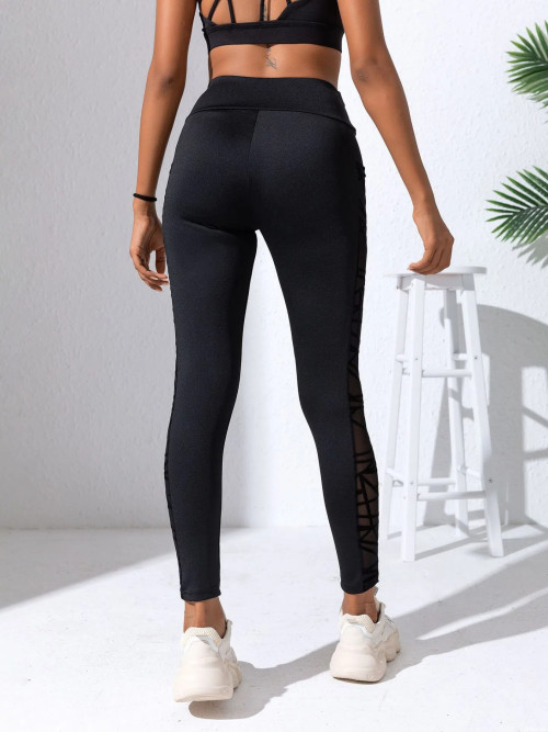 Women's Geometric Side Mesh Patchwork Leggings, High Waist Soft Yoga Pants, Pocket Design Gym Fitness Running Sport Long Pants