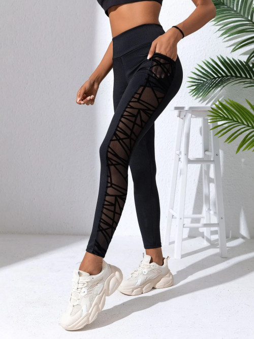 Women's Geometric Side Mesh Patchwork Leggings, High Waist Soft Yoga Pants, Pocket Design Gym Fitness Running Sport Long Pants