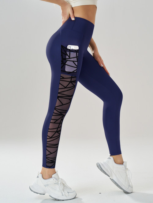 Women's Geometric Side Mesh Patchwork Leggings, High Waist Soft Yoga Pants, Pocket Design Gym Fitness Running Sport Long Pants