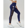 Women's Geometric Side Mesh Patchwork Leggings, High Waist Soft Yoga Pants, Pocket Design Gym Fitness Running Sport Long Pants
