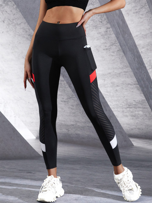 Patchwork Color Contrast Women's Leggings With Side Pockets Fitness Exercise Cycling Yoga Pants