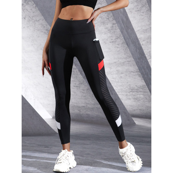 Patchwork Color Contrast Women's Leggings With Side Pockets Fitness Exercise Cycling Yoga Pants