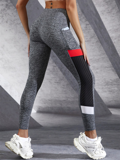 Patchwork Color Contrast Women's Leggings With Side Pockets Fitness Exercise Cycling Yoga Pants